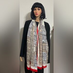 Cityscape Print Scarf w/Red Accents Fringe 27x72 Preppy Architecture Fun Casual